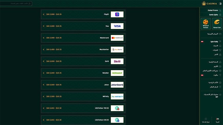 Casinia Casino Payment Methods