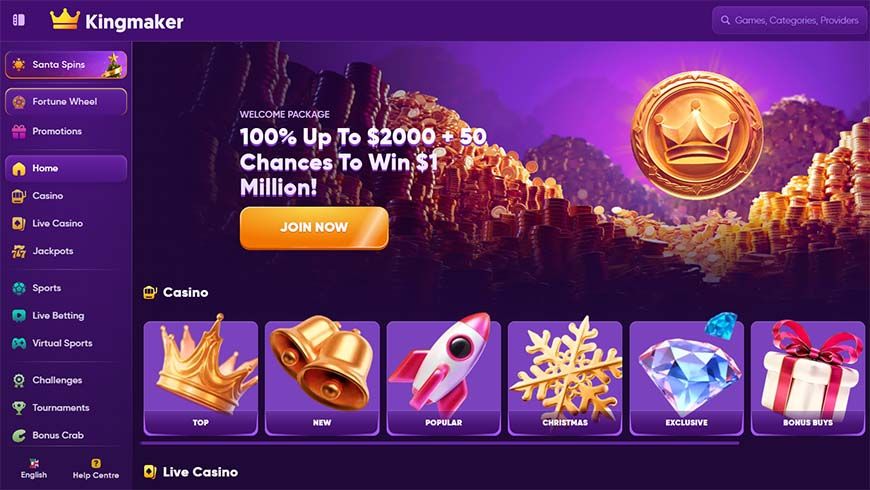 Kingmaker Casino Home Page