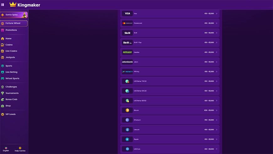 Kingmaker Casino Payment Methods